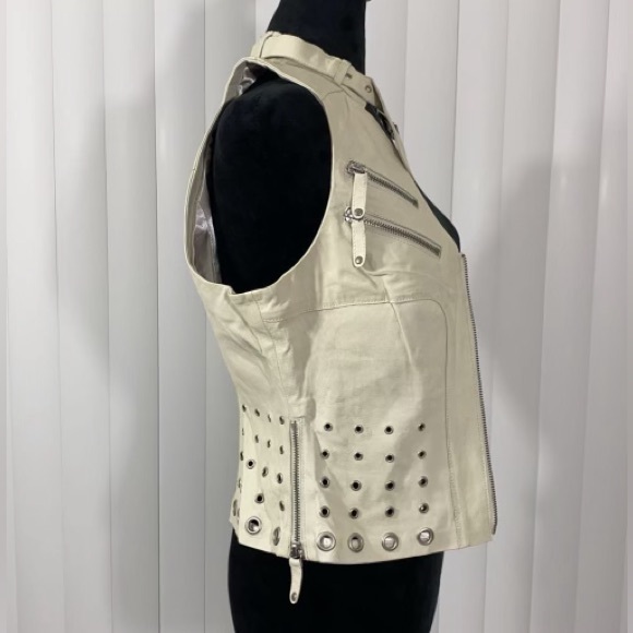 BLANC NOIR Sample Peek A Boo Leather Studded Grommet Vest Pockets Bone White S - Picture 8 of 13